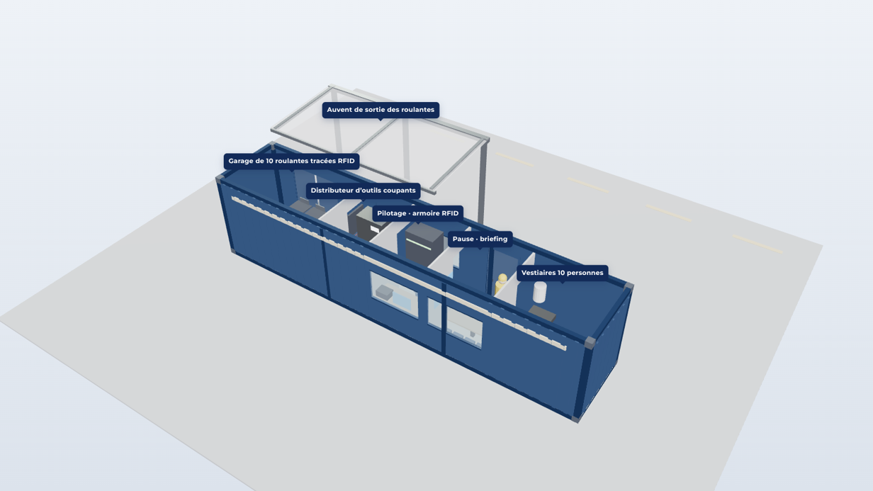 Vue 3D d'IMPACT AERO : base de déploiement avec vestiaires, pilotage, magasin d'outils coupants et garage de 10 roulantes, options AERO-X et Fab Lab